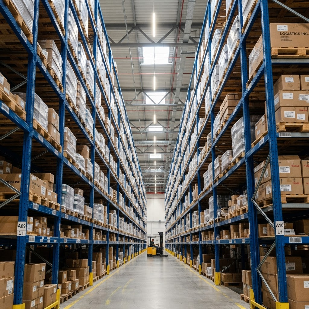 Tall warehouse storage aisle between loaded racking